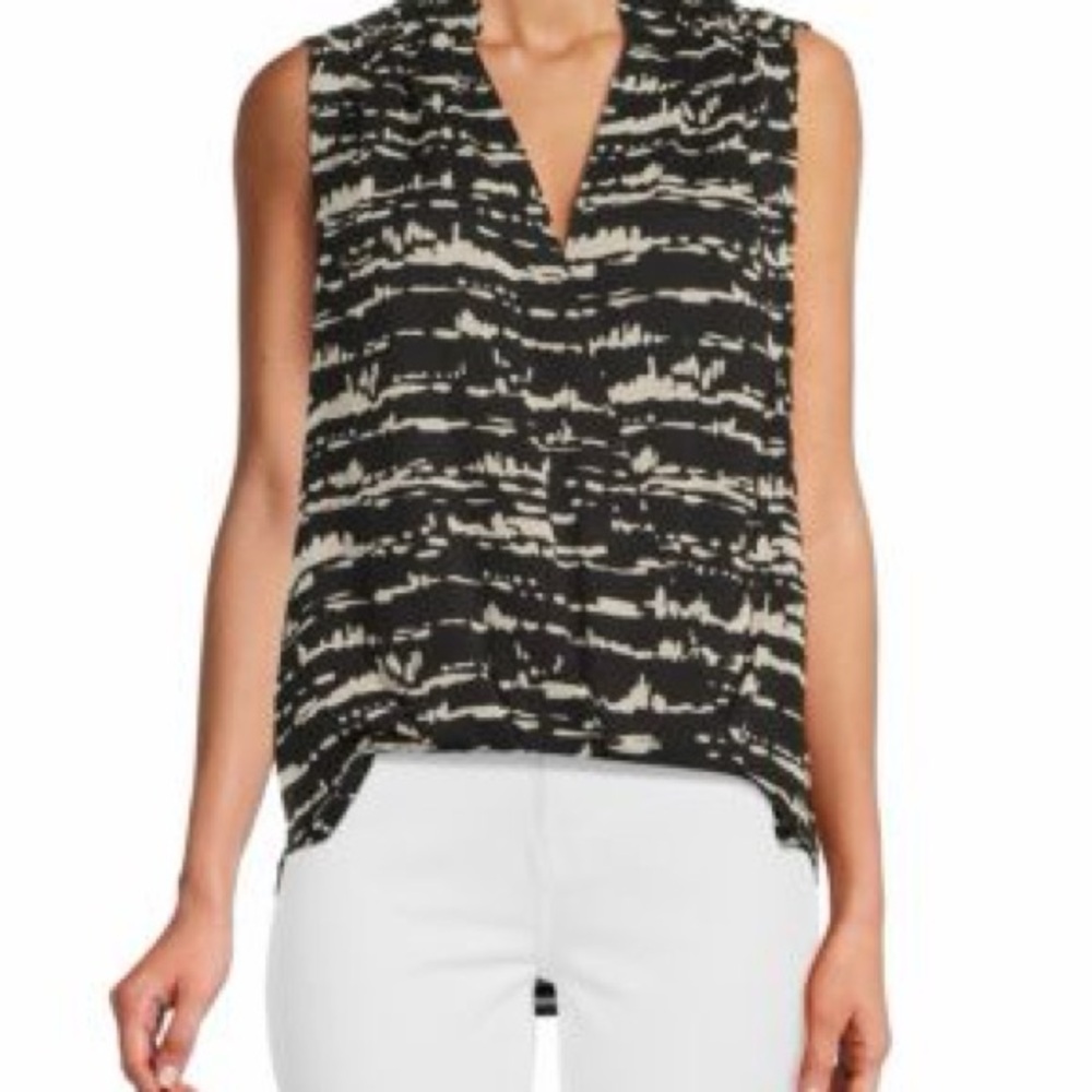Vince Women's Large Black White Silk Striped V Neck Blouse